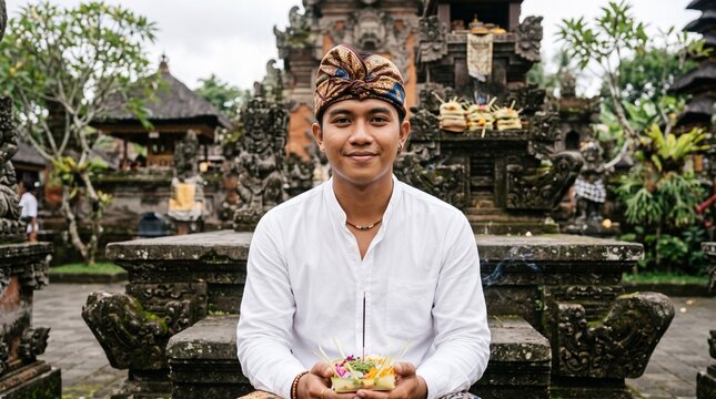 Balinese man holding a traditional offering at a hindu temple complex