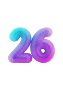 Cute Rainbow Fuzzy Number Twenty Six 3D Plush Typography Clipart for Birthday Calendar and Creative Design