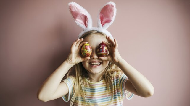 Happy little girl wearing white bunny ears holding colorful painted Easter eggs over her eyes against a pink wall background