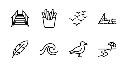 Fototapeta premium Beach Vacation Icons Set: Stairs, Fries, Birds, Sailboat, Feather, Wave, Seagull, Beach Umbrella