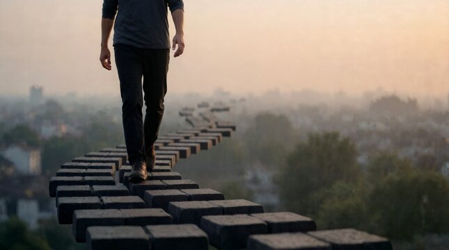 Man walking along a narrow path of bricks suspended over a city landscape at sunset