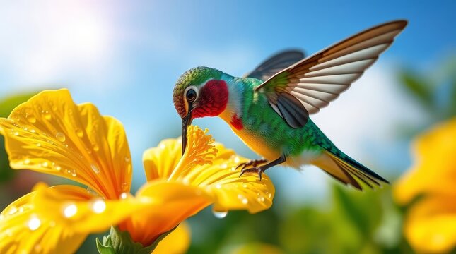 Vibrant hummingbird in flight feeding on a yellow hibiscus flower with dew drops