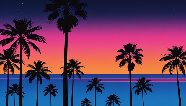 sunset background, synthwave landscape, tropical beach, retro neon sky, summer vibe, hawaii silhouette, ocean view, vintage gradient, dark dusk