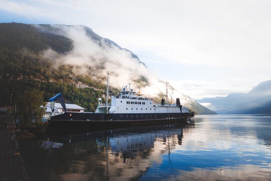 Hellesylt, Norway - August 5 2026 - Classic car ferry moored at Hellesylt quay