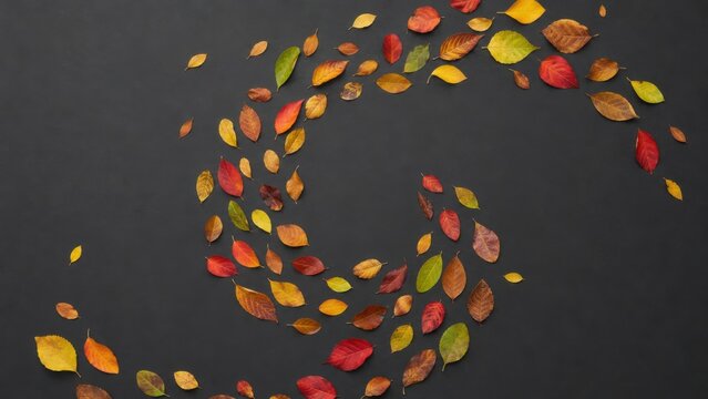 Autumn leaves in various colors arranged in a swirling pattern on a dark background, showcasing the beauty of seasonal foliage and nature's palette