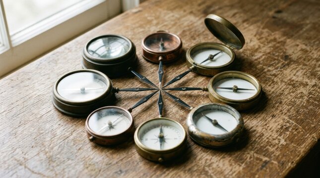 Antique brass compasses arranged in a circular pattern on wooden table