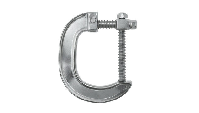 Industrial steel c clamp tool with threaded screw mechanism isolated on a solid black background, for construction isolated on a transparent background