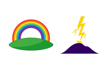 Obraz premium Colorful Rainbow Over Green Hill Next To Yellow Lightning Bolt Striking Dark Mountain Peak Illustration