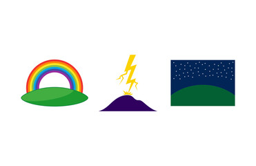 Obraz premium Weather Phenomena Vector Icons Featuring A Rainbow A Lightning Bolt And A Night Sky Over A Hillside Landscape