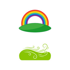 Obraz premium Vector Illustration Set Featuring A Colorful Rainbow Above A Grassy Hill And Swirling Wind Over A Green Meadow