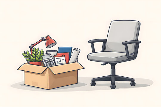 Office relocation concept with a packed box of supplies beside an empty desk chair and calculator in a minimalist workspace.