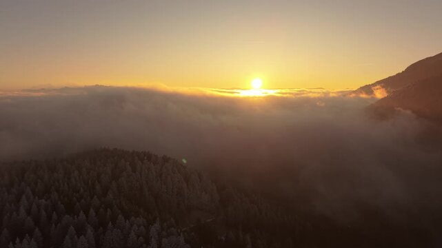 Vue a&eacute;rienne au coucher du soleil sur les sommets bois&eacute;s du massif de la Chartreuse, envelopp&eacute;s d&rsquo;une &eacute;paisse mer de nuages et baign&eacute;s d&rsquo;une lumi&egrave;re dor&eacute;e.