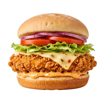 A delicious crispy fried chicken burger with melted cheese lettuce tomato and red onion isolated on transparent background