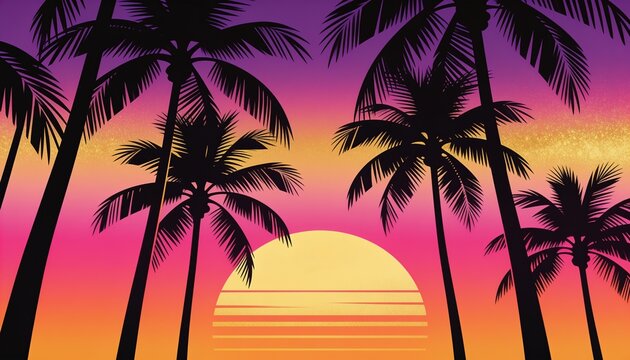 retro sunset, palm trees, tropical beach, outrun sun, vaporware horizon, summer vibes, miami night, neon gradient wallpaper
