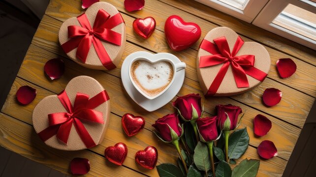 Heart shaped gift boxes with red roses and a coffee cup on a rustic wooden table top background view