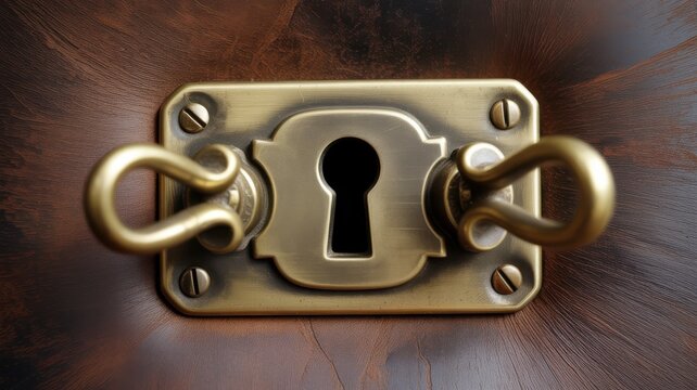 Vintage brass keyhole on ornate wooden chest