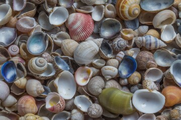 Obraz premium Top view of various seashells and beach stones