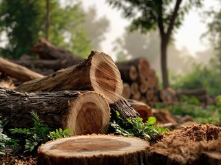 Obraz premium Freshly Cut Timber Logs and Sawdust in a Lush Forest Clearing Ready for Processing