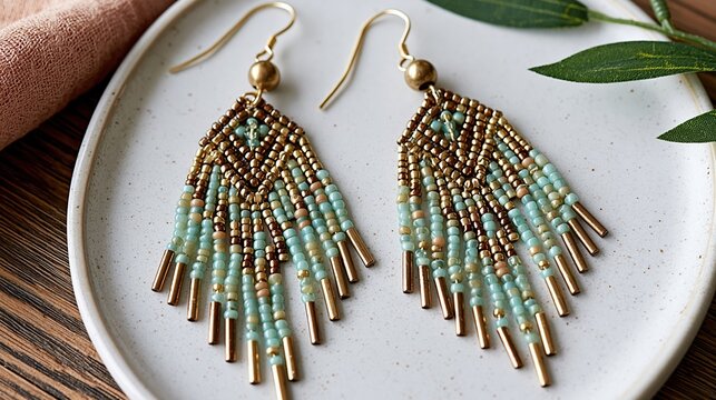 Handcrafted Beaded Dangle Earrings with Gold Accents and Turquoise and Bronze Color Palette