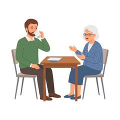 Fototapeta premium Young Man Drinking Coffee While Having A Conversation With An Elderly Woman Sitting At A Wooden Table