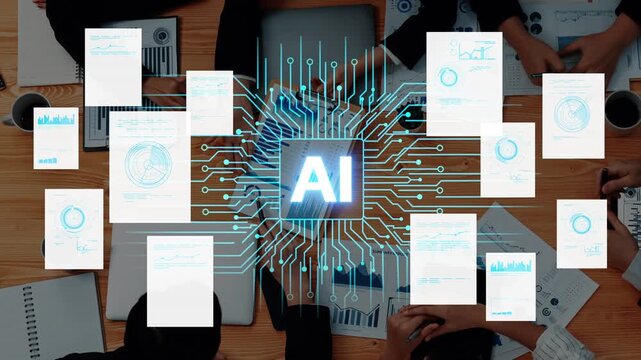 Group of Professionals Collaborating on Artificial Intelligence Strategy with Data Visualization, Graphs, and Analytical Reports Displayed in a Modern Office Setting. Entropy.