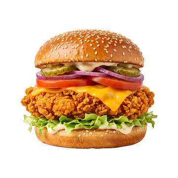 A delicious crispy fried chicken burger with melted cheese and fresh vegetables isolated on transparent background