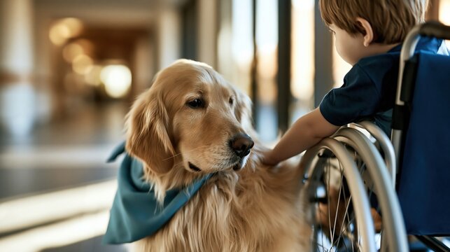 Golden Retriever Service Dog Gently Interacting with a Young Child in a Wheelchair Indoors