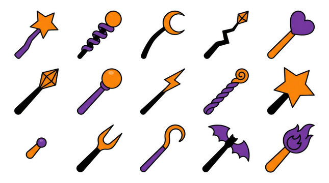 Magic wand collection with various shapes and symbols in purple and orange tones.