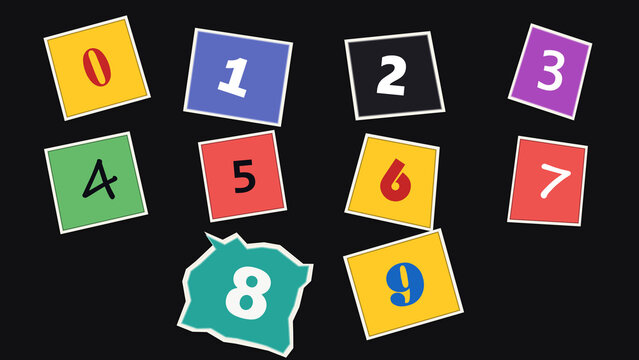 Colorful Number Tiles 0-9: A vibrant collection of number tiles from 0 to 9, each with a distinct color and background, arranged playfully against a dark backdrop.