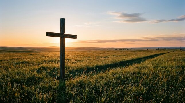 Wooden cross standing in a grassy meadow during a golden sunset