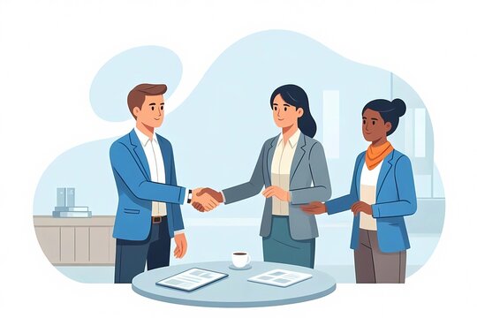 Diverse business partners handshaking at office deal meeting