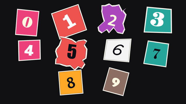 Scattered Numbers on Black: A collection of colorful, torn-edge squares displaying digits from 0 to 9 are scattered across a dark background, suggesting a playful approach to mathematics and counting.