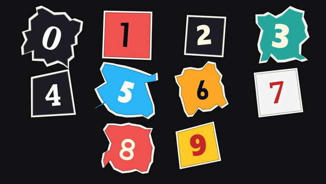 Colorful Number Shapes: A collection of abstract shapes, each containing a single digit from 0 to 9, are scattered across a dark background.