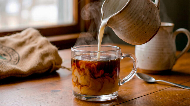 Pouring fresh cream into a hot glass mug of coffee on a wooden table