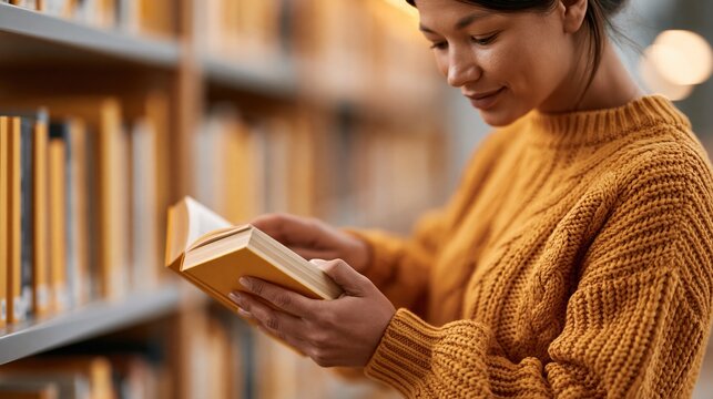 Young Woman Happily Reading a Book in a Cozy Library Surrounded by Shelves of Literature