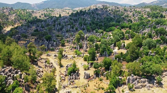 Manavgat Adam Kayalar aerial view showing fantastic conglomerate rocks in Antalya Turkey. Majestic drone shot of unique "Man Rocks" formation surrounded by nature.