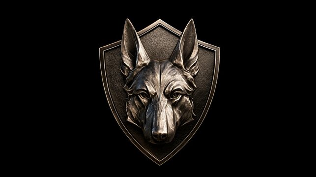 Metallic canine emblem: a sculpted German shepherd head within a heraldic shield, detailed and textured
