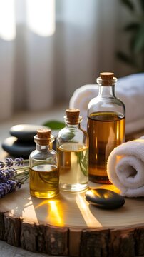 Aceites esenciales en frascos de vidrio con toallas y piedras de masaje para concepto de spa y relajaci&oacute;n