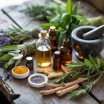 Aceites esenciales, hierbas medicinales, mortero de piedra y especias en tarros sobre mesa de madera para medicina natural