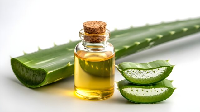 Frasco de aceite esencial con tap&oacute;n de corcho y hojas frescas de aloe vera cortadas sobre fondo blanco