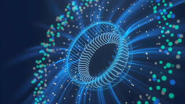 Estructura circular abstracta de tecnolog&iacute;a de part&iacute;culas y l&iacute;neas de datos digitales en fondo azul