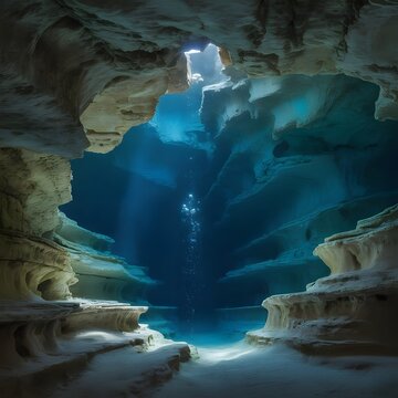 Cueva submarina con formaciones rocosas de piedra caliza y rayos de luz solar atravesando el agua azul clara