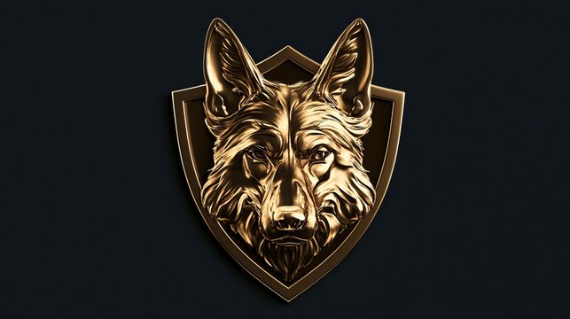 Detailed bronze sculpture of a German shepherd dog head within a shield emblem, dramatic lighting