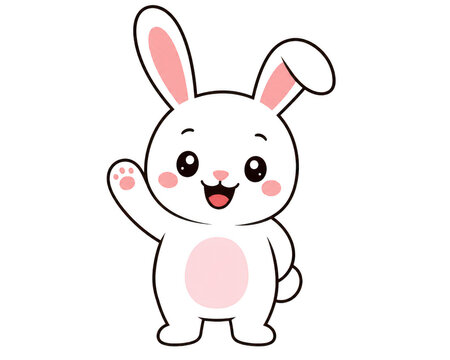 Grey bunny rabbit cartoon character waves with pink details and cheerful expression.