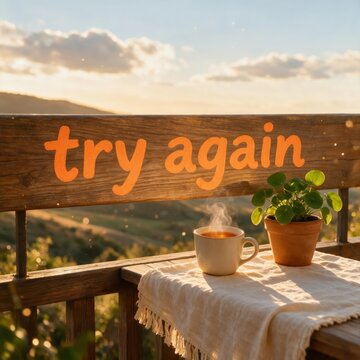 Try again motivational message with coffee at sunrise