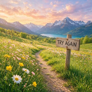 Try again sign on scenic mountain hiking trail