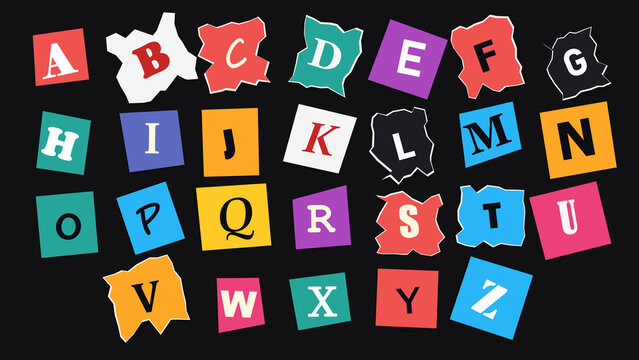 Alphabet Letters Collection: A vibrant assortment of colorful, torn alphabet letters scattered across a dark background, creating a visually engaging and playful composition for creative projects.
