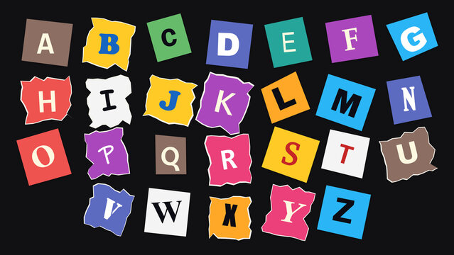 Colorful Alphabet Letters: A vibrant and playful arrangement of the English alphabet letters, each on a torn-edge square in a spectrum of bright colors, scattered against a dark background.
