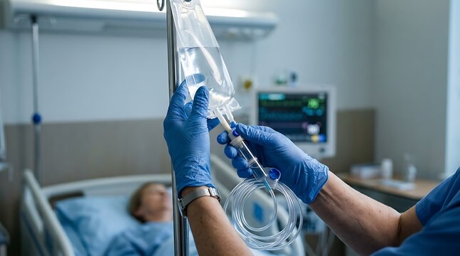 Medical professional adjusts IV drip bag in hospital room with patient in background