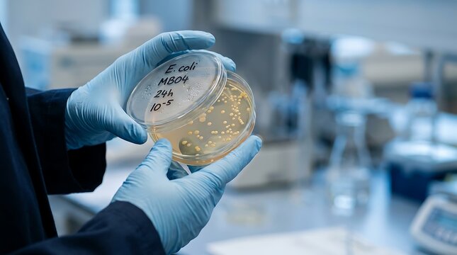 Scientist holding petri dish with E coli culture in laboratory setting
